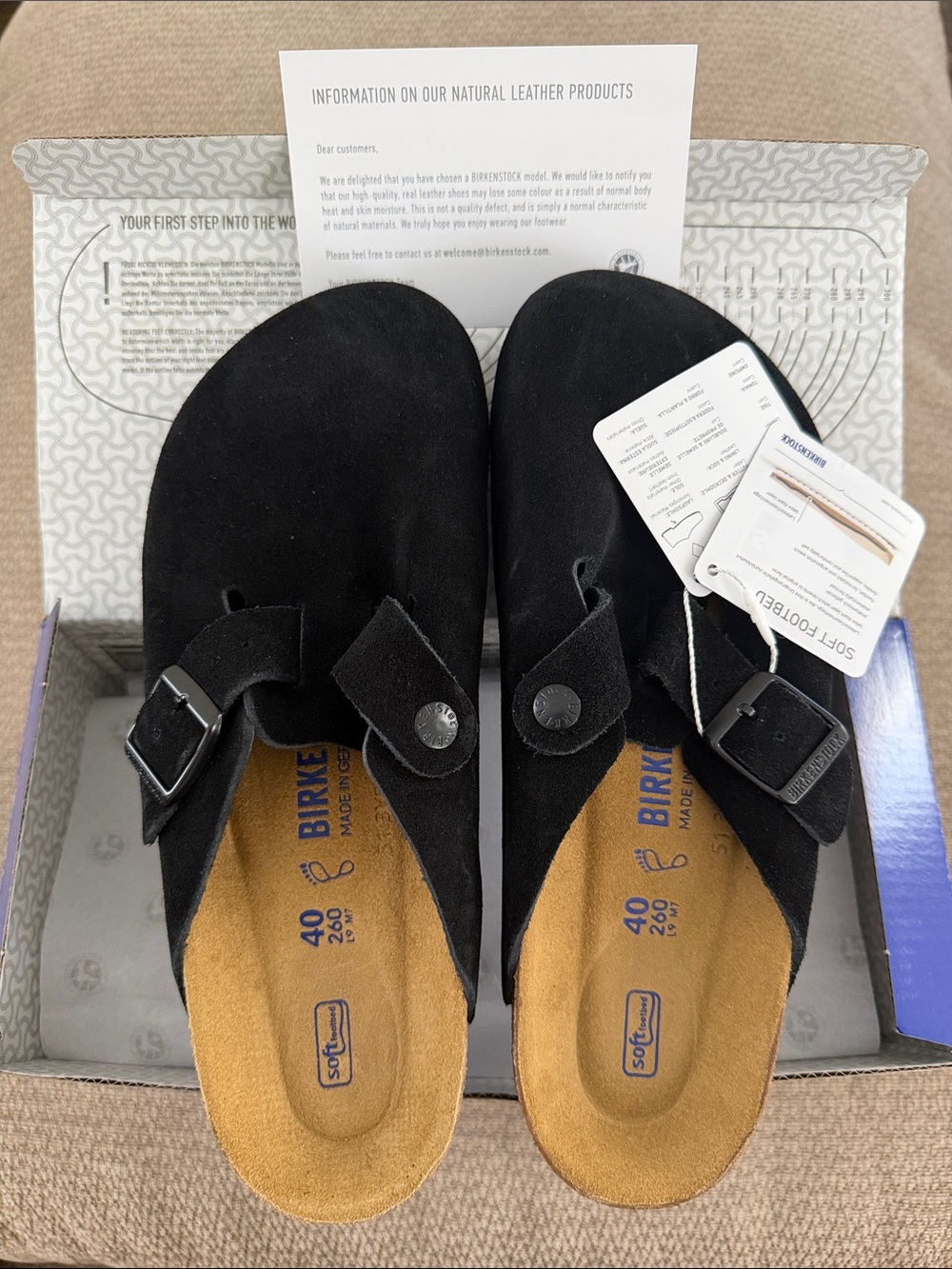 Birkenstock Boston Black Suede Soft Footbed Unisex Clogs EU 40